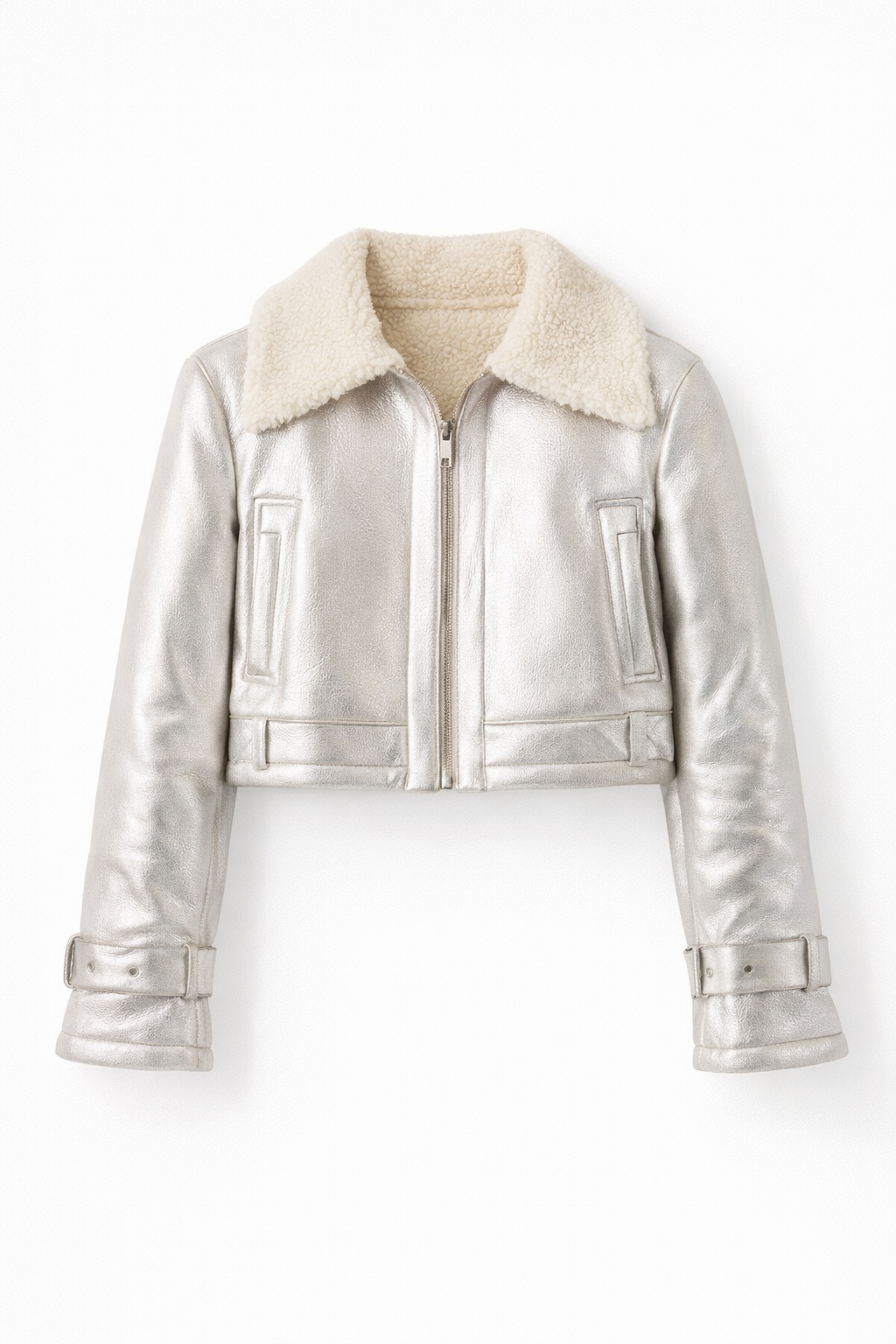 Silver Faux Leather Shearling Jacket – Cropped Aviator Biker Jacket – Zip Front – Soft Plush Collar