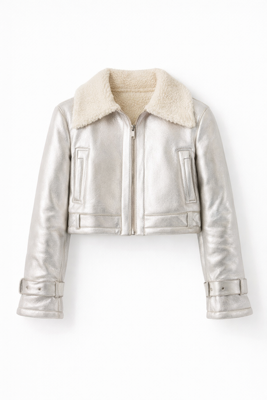 Silver Faux Leather Shearling Jacket – Cropped Aviator Biker Jacket – Zip Front – Soft Plush Collar