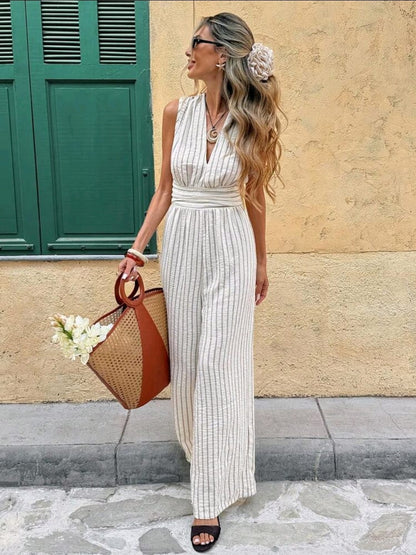 Frenchy Beige Striped Sleeveless Wide Leg Jumpsuit for Women – Summer V-Neck Waist Detail Elegant Casual One Piece