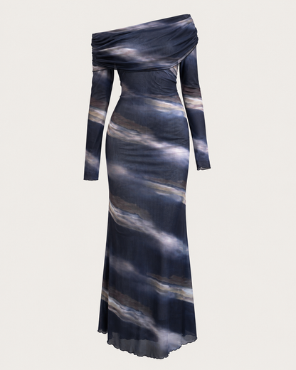 Elenzga Off-Shoulder Printed Mesh Maxi Dress – Blue Grey