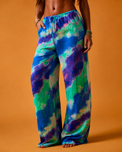 SHEIN Women’s Blue Tie Dye Wide Leg Pants – Drawstring Summer Palazzo Pants, SHEIN Fast Delivery in 5 Days