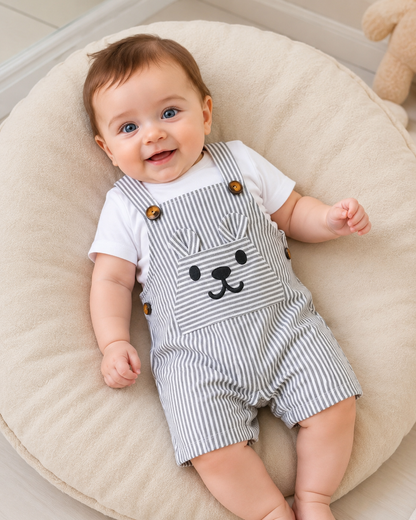 SHEIN Baby Boys Striped Bear Pocket Romper Set