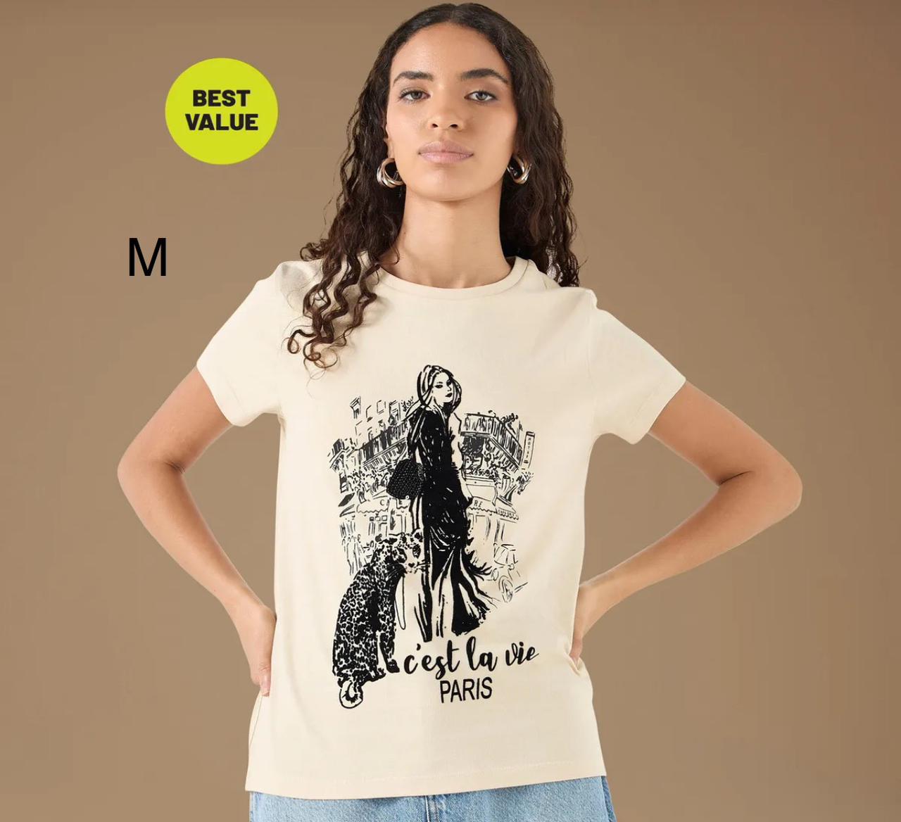 Women’s Beige Paris Graphic Cotton T-Shirt, Casual Short Sleeve Printed Top