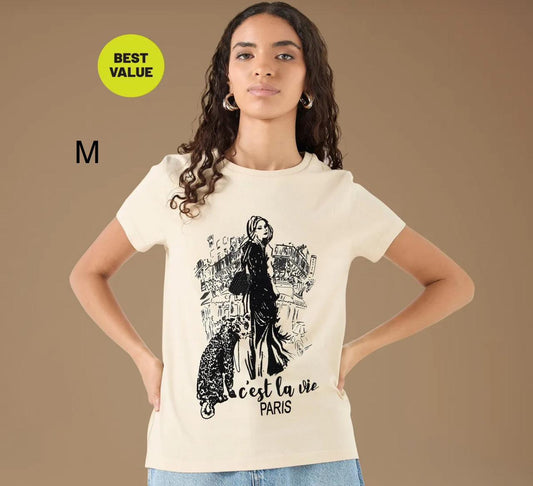 Women’s Beige Paris Graphic Cotton T-Shirt, Casual Short Sleeve Printed Top