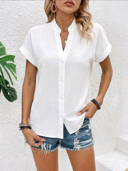 SHEIN Women White Short Sleeve Button Blouse