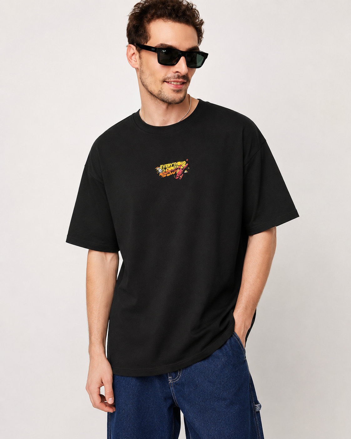 Men’s Black Small Chest Graphic Cotton T-Shirt, Short Sleeve Casual Streetwear Top