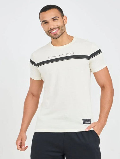 Men’s Off White Chest Stripe Cotton T-Shirt, Short Sleeve Casual Slim Fit Top