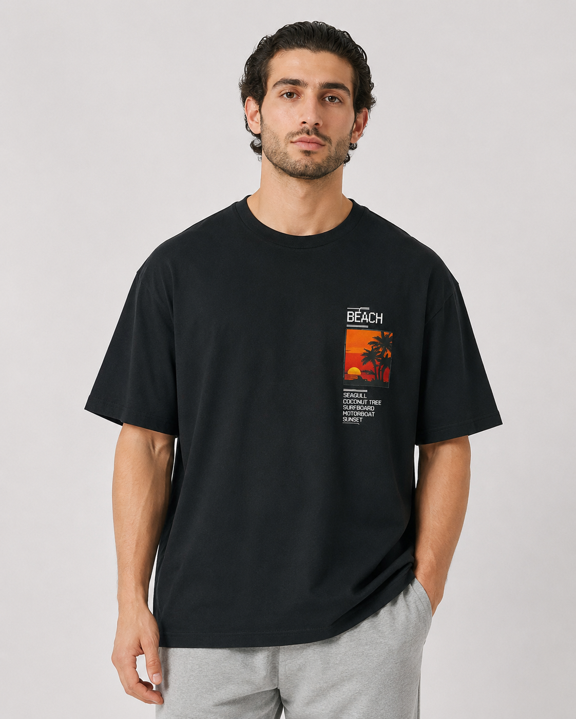 Men’s Black Beach Graphic Cotton T-Shirt, Short Sleeve Casual Summer Top