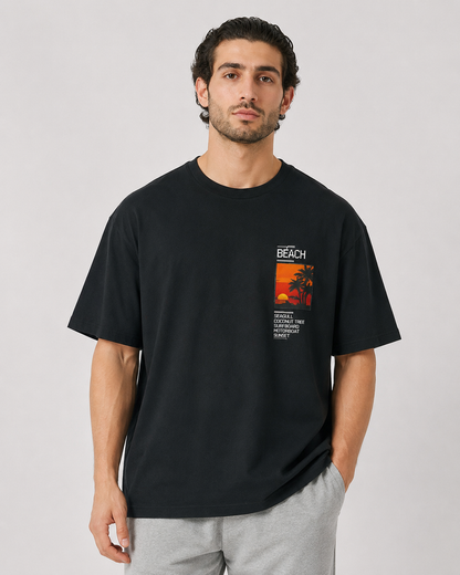 Men’s Black Beach Graphic Cotton T-Shirt, Short Sleeve Casual Summer Top