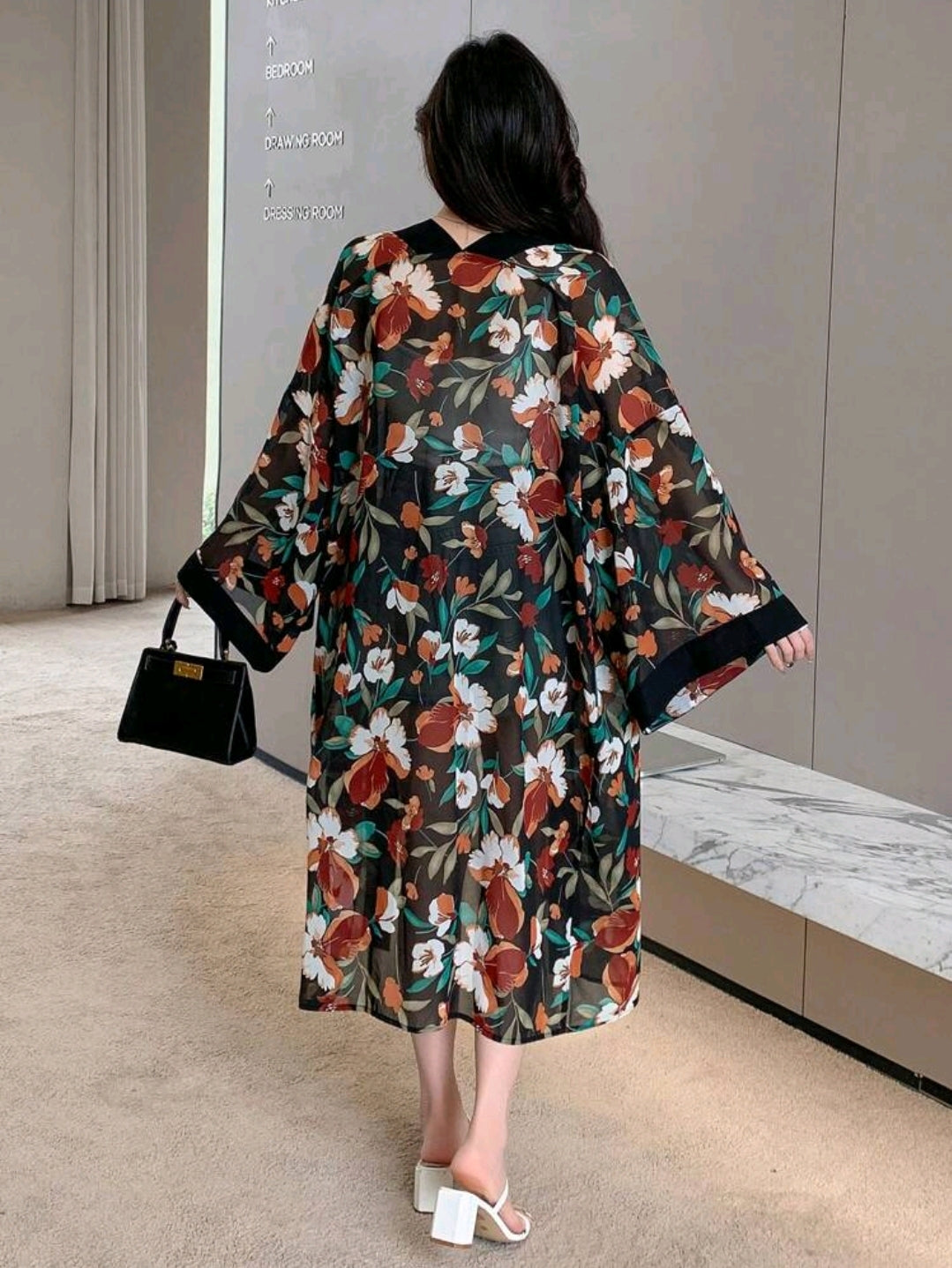 DAZY Black Floral Kimono Cover Up for Women – Long Open Front Cardigan – Bell Sleeve Lightweight Layering Piece