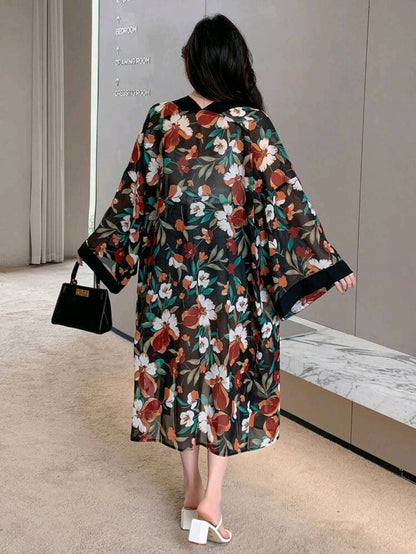 DAZY Black Floral Kimono Cover Up for Women – Long Open Front Cardigan – Bell Sleeve Lightweight Layering Piece