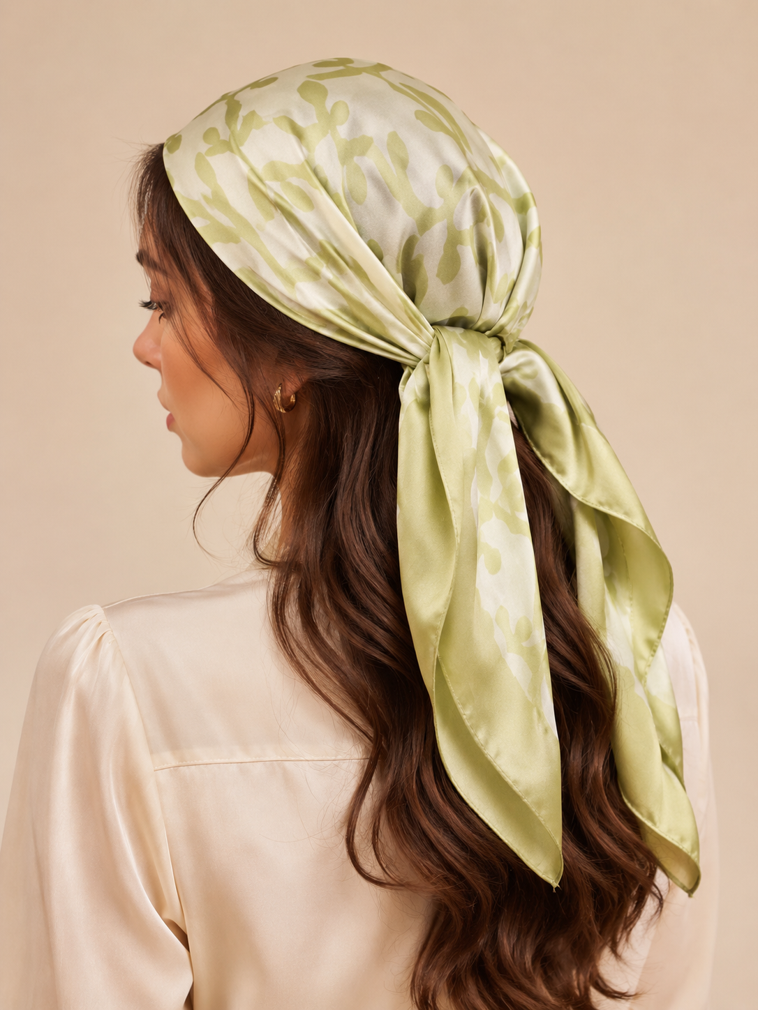 Light Green Floral Satin Hair Scarf for Women, Square Bandana Head Wrap