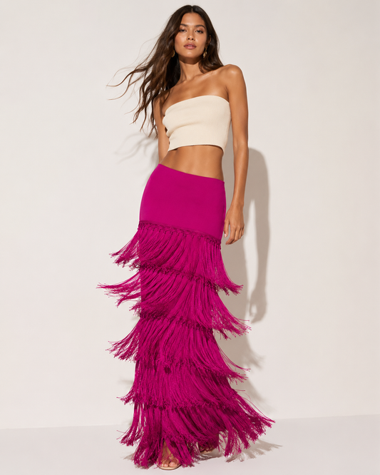 SHEIN Women Fuchsia Fringe Maxi Skirt
