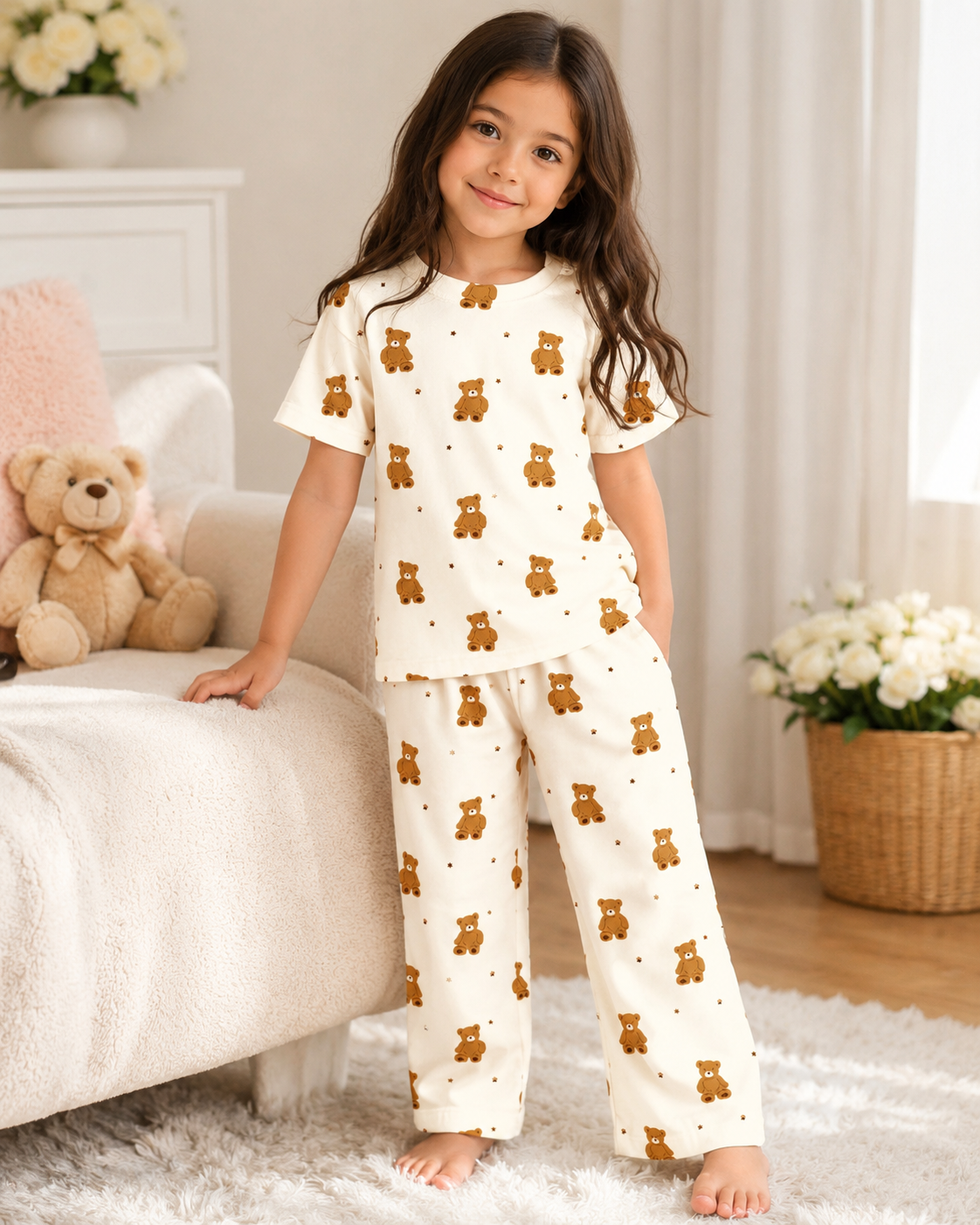 Girls’ Cream Teddy Bear Pajama Set – Short Sleeve Top and Wide Leg Pants