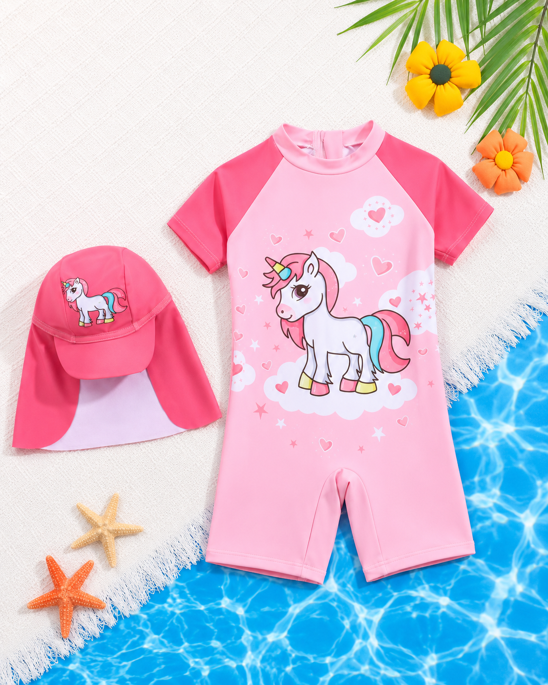 SHEIN Girls Pink Unicorn Swimwear Set – One Piece Swimsuit & Sun Hat, SHEIN Fast Delivery in 5 Days