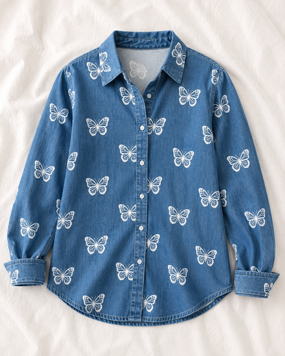 SHEIN Women Blue Denim Butterfly Print Button Shirt
