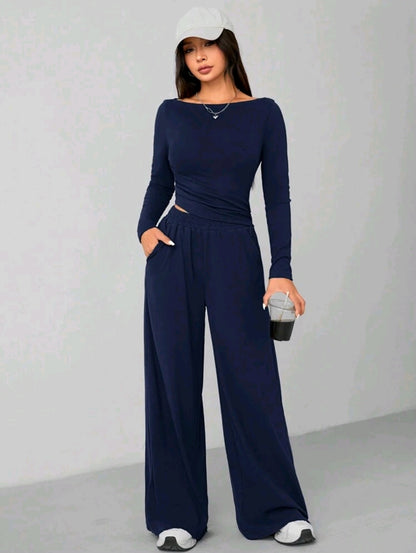 Navy Blue Women’s Two-Piece Lounge Set with Long Sleeve Top and Wide Leg Pants