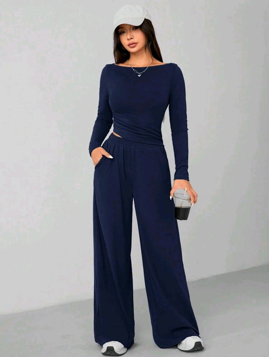 Navy Blue Women’s Two-Piece Lounge Set with Long Sleeve Top and Wide Leg Pants