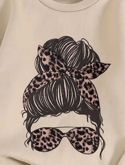 Girls Beige Leopard Print 2 Piece Set – Graphic Sweatshirt and Flared Pants Outfit
