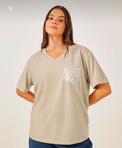 SHEIN Fast Delivery in 5 Days Beige Zebra Pocket V-Neck T-Shirt
