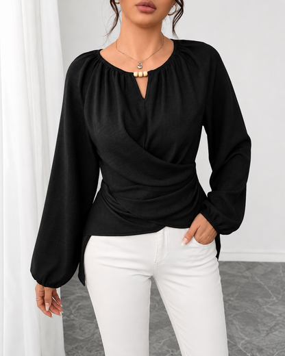SHEIN Fast Delivery Wrap Front Long Sleeve Blouse – Navy Blue & Black