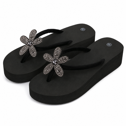 SHEIN Women’s Black Rhinestone Flower Flip Flop Sandals – Thick Sole Casual Summer Slippers, SHEIN Fast Delivery in 5 Days