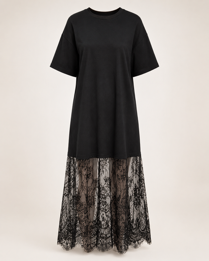 SHEIN Fast Delivery Black Oversized Lace Hem Dress – Casual T-Shirt Dress