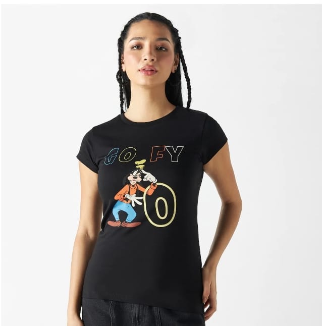 Women’s Cotton Splash Black Cartoon Graphic T-Shirt – Short Sleeve Casual Top
