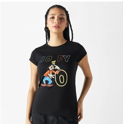Women’s Cotton Splash Black Cartoon Graphic T-Shirt – Short Sleeve Casual Top