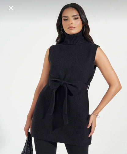 Black Sleeveless Turtleneck Knit Tunic – Belted Longline Sweater Top – Chic Winter Layering Top for Women