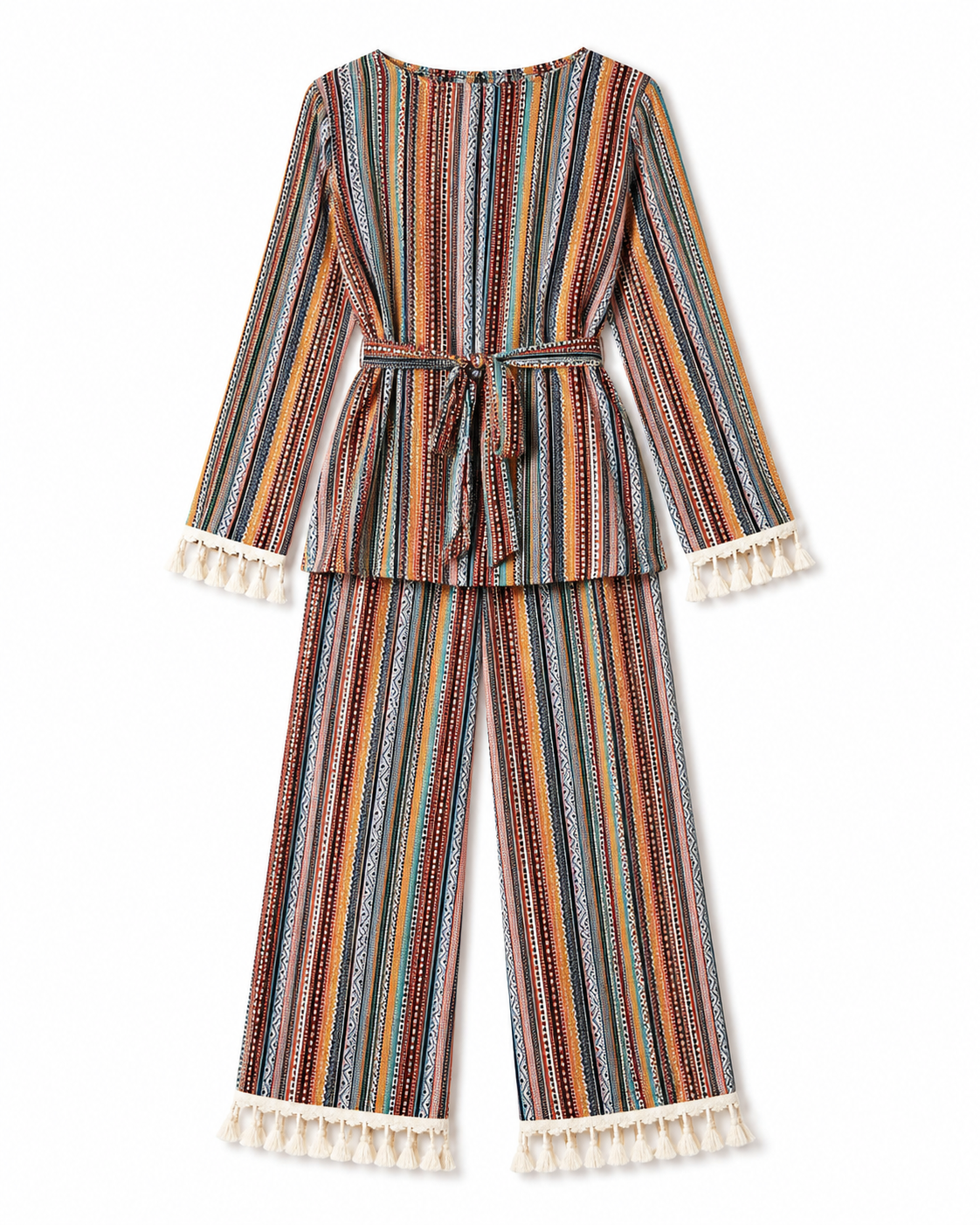 Boho Striped Two-Piece Women’s Set with Tassel Trim, Long Sleeve Top and Wide-Leg Pants