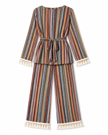 Boho Striped Two-Piece Women’s Set with Tassel Trim, Long Sleeve Top and Wide-Leg Pants
