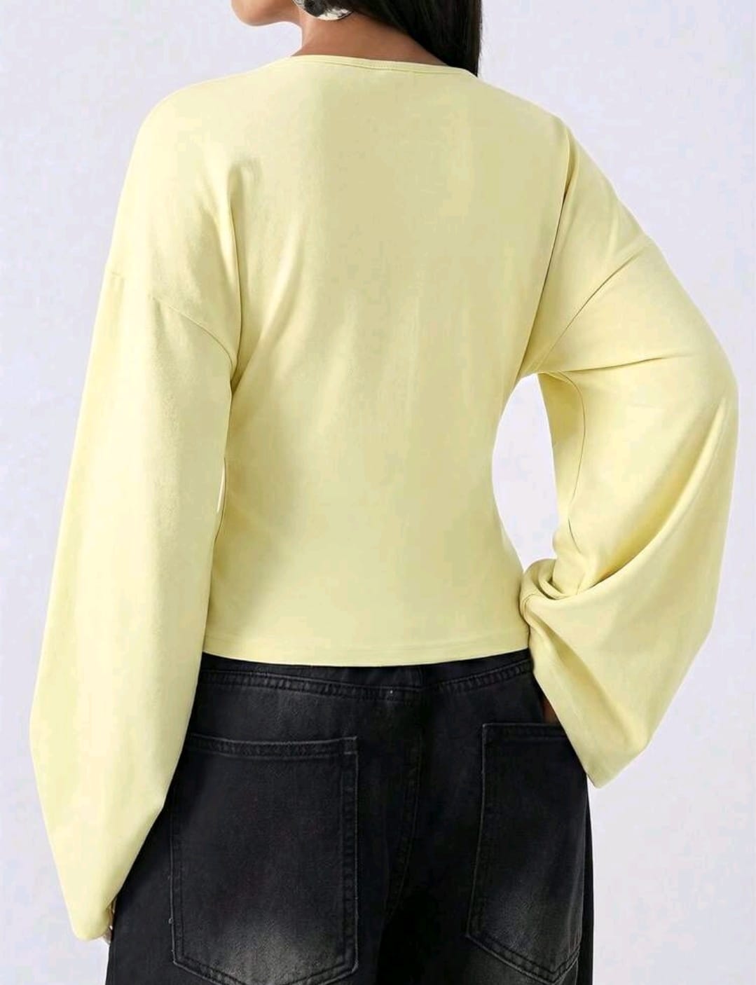 SHEIN Women Light Yellow V Neck Bell Sleeve Top