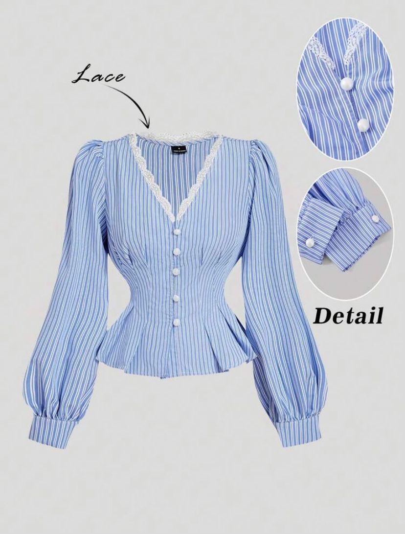 SHEIN Women’s Blue Striped Lace Blouse – Long Sleeve Button Front Top, SHEIN Fast Delivery in 5 Days