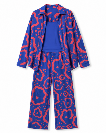 Women’s Turkish Viscose Blue Abstract Three Piece Set – Open Shirt, Bandeau Top and Wide Leg Pants
