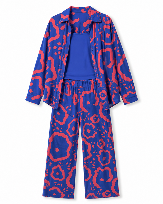 Women’s Turkish Viscose Blue Abstract Three Piece Set – Open Shirt, Bandeau Top and Wide Leg Pants