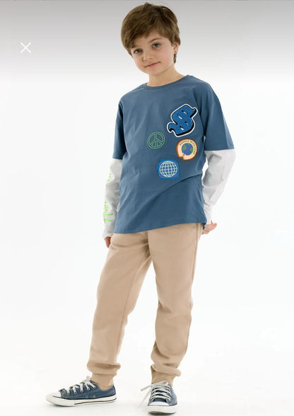 Boys Blue Layered Graphic T-Shirt – Trendy Long Sleeve Casual Top for Kids