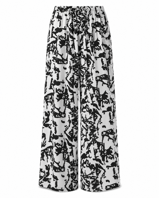 Women’s Trendyol White Black Abstract Wide Leg Pants – Viscose Drawstring Palazzo Pants