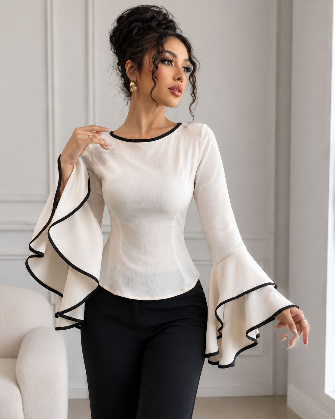 SHEIN Fast Delivery White Flare Sleeve Top – Elegant Black Trim Blouse