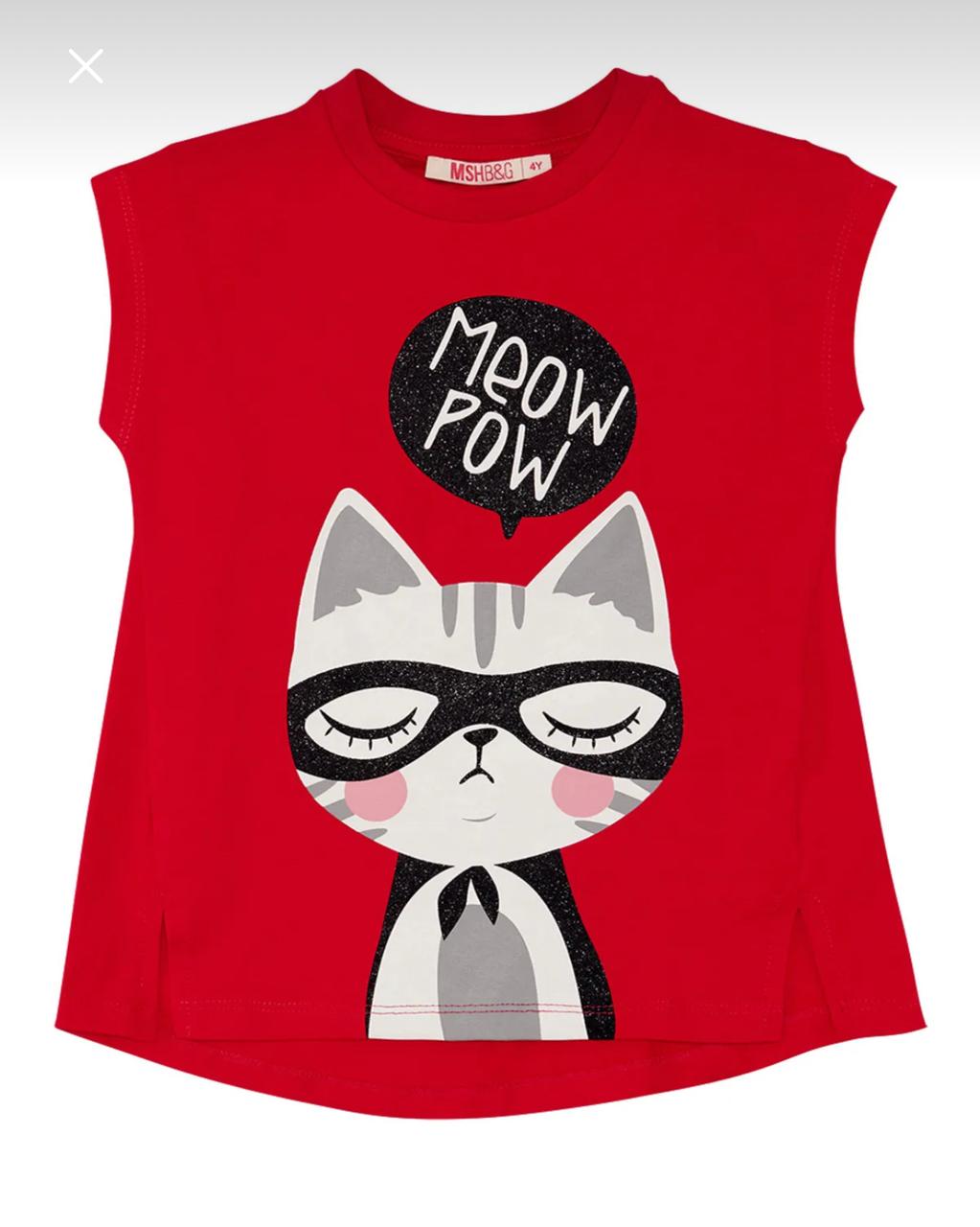 Girls Red Cat Print Sleeveless Top and Striped Leggings Set