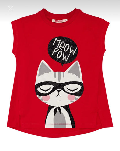 Girls Red Cat Print Sleeveless Top and Striped Leggings Set