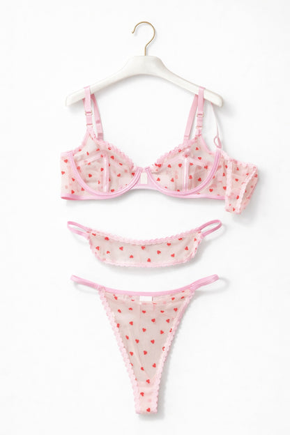 Sweetheart Mesh Lingerie Set – Pink Sheer Heart Print Bra & Thong Set for Women
