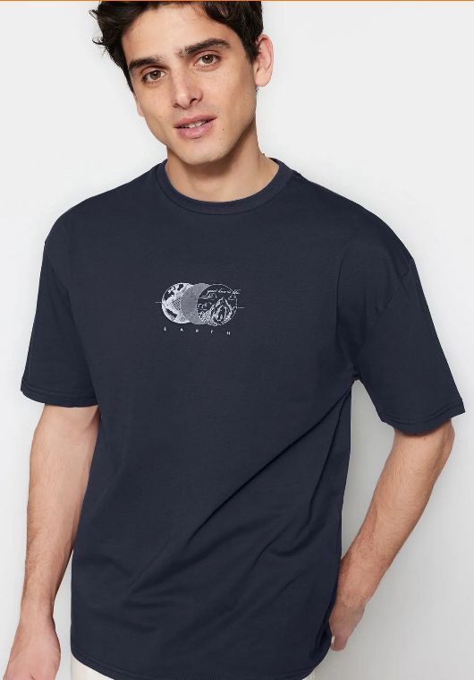 Men’s Black Earth Graphic Cotton T-Shirt, Oversized Short Sleeve Casual Top