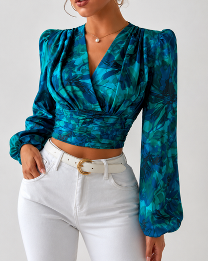 SHEIN Women’s Floral Satin Wrap Crop Blouse