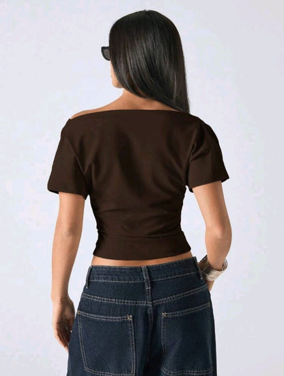SHEIN Women Brown Off Shoulder Button Detail Top