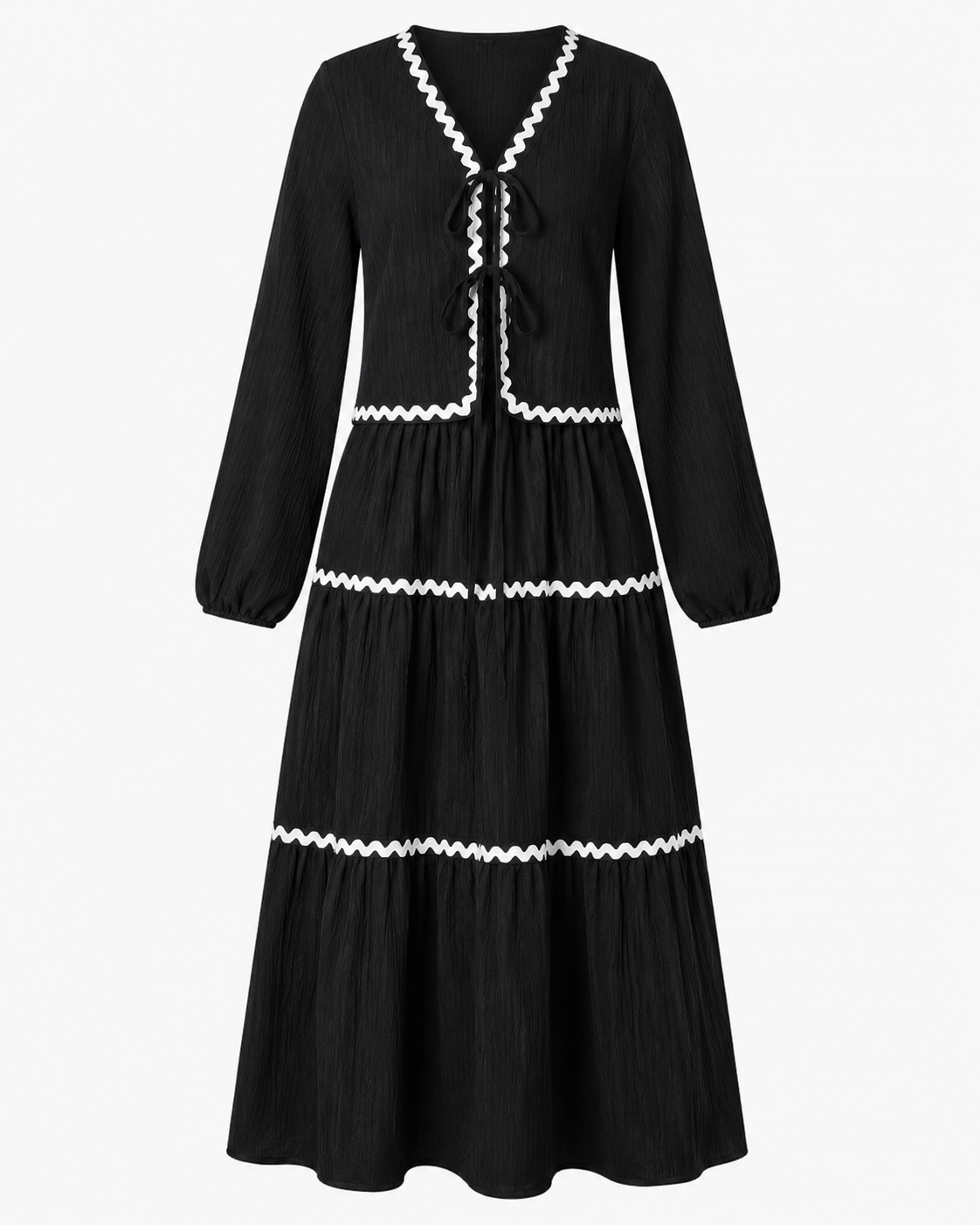 SHEIN Women’s Black Maxi Dress – White Trim Tie Front Long Sleeve Dress, SHEIN Fast Delivery in 5 Days