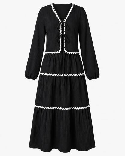 SHEIN Women’s Black Maxi Dress – White Trim Tie Front Long Sleeve Dress, SHEIN Fast Delivery in 5 Days