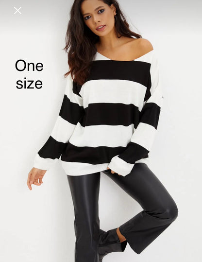 Black & White Oversized Striped Sweater for Women – Off Shoulder Loose Knit Pullover