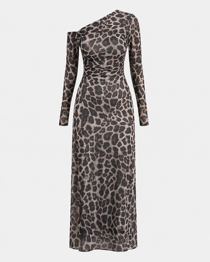 Elenzga One-Shoulder Leopard Print Maxi Dress