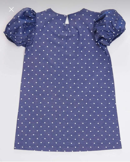Girls’ Denokids Blue Polka Dot Cat Dress – Short Puff Sleeve Cotton Dress